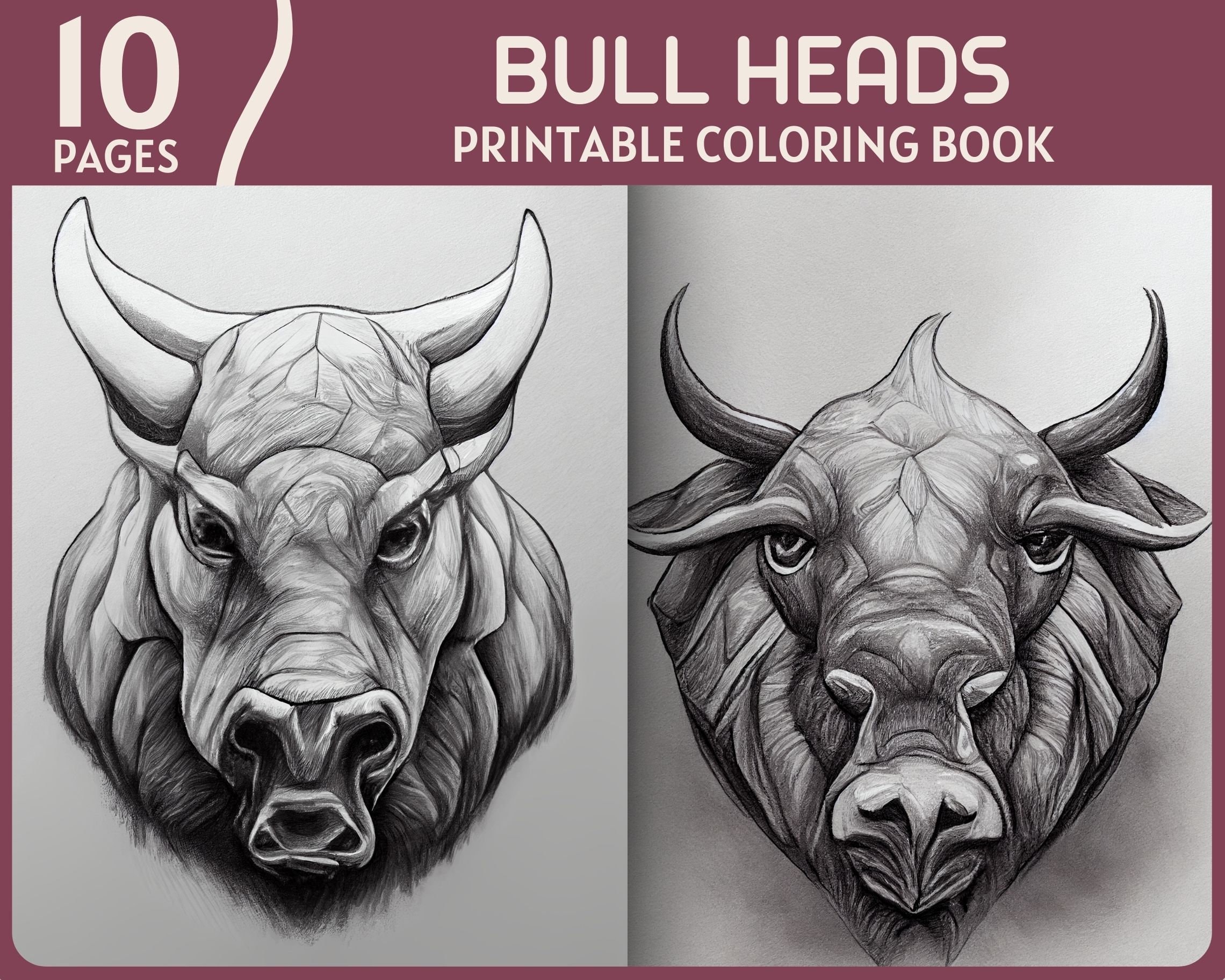 Realistic bull heads coloring pages angry bulls grayscale printable coloring book
