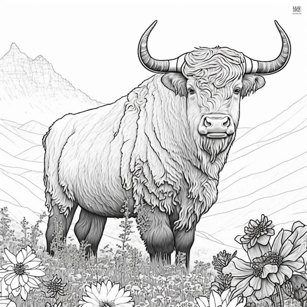 Premium ai image coloring pages of a bull in a field of flowers generative ai