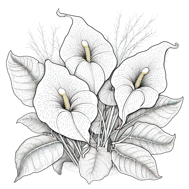 Premium ai image coloring book anthurium flowers realistic sketch style