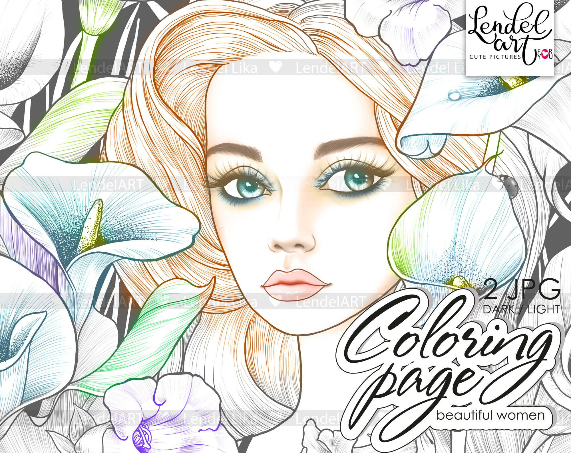 Coloring page girl portrait beautiful girl calla lilies flowers coloring page for adults printable coloring page instant download jpg