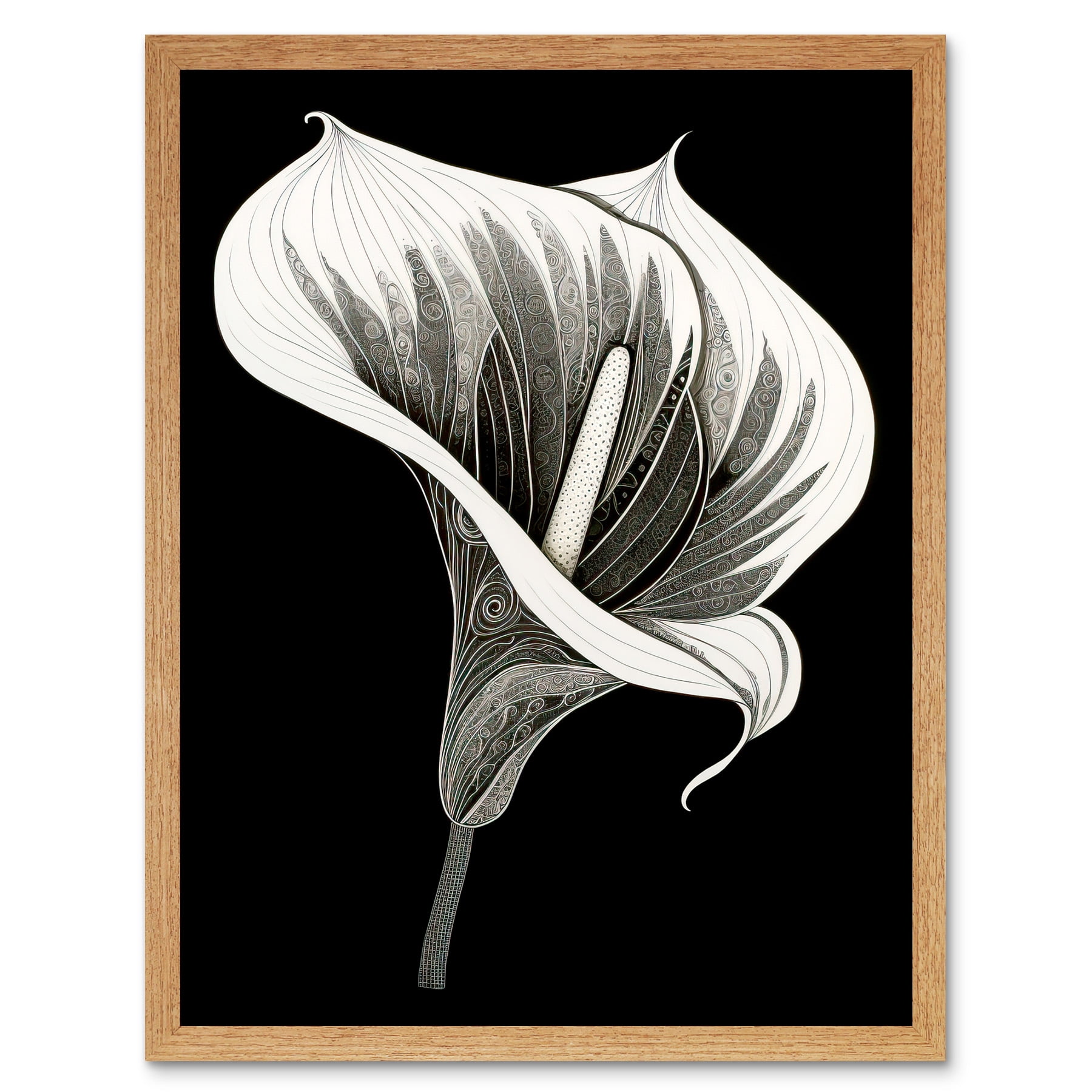 Batik style black and white calla lily flower art print framed poster wall decor x inch