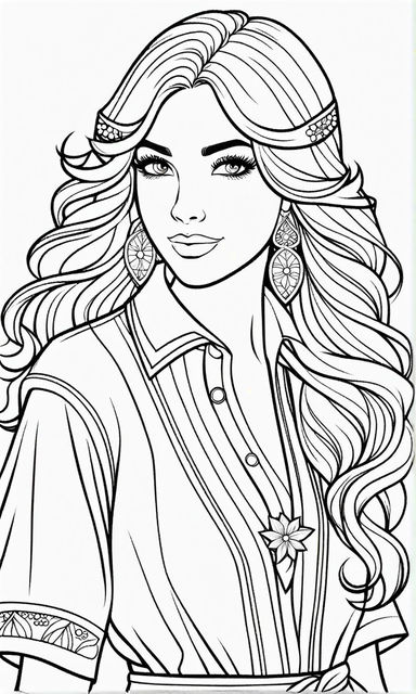 Realistic young women coloring book outline style no color