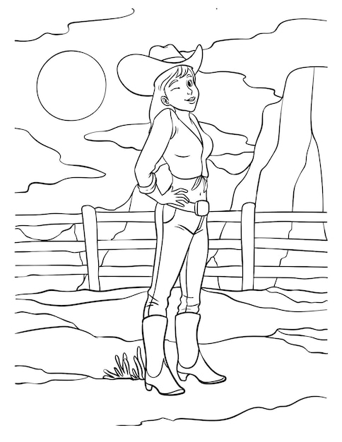 Premium vector cowgirl coloring page for kids