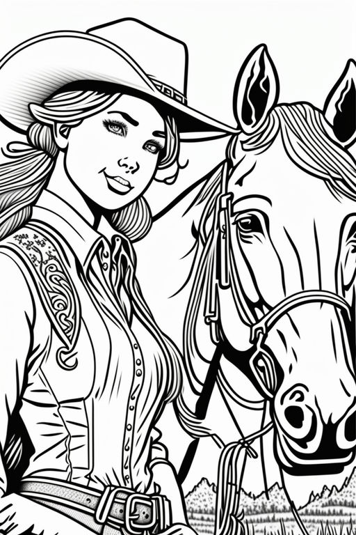 Coloring pages beautiful long haired cowgirl adult doll