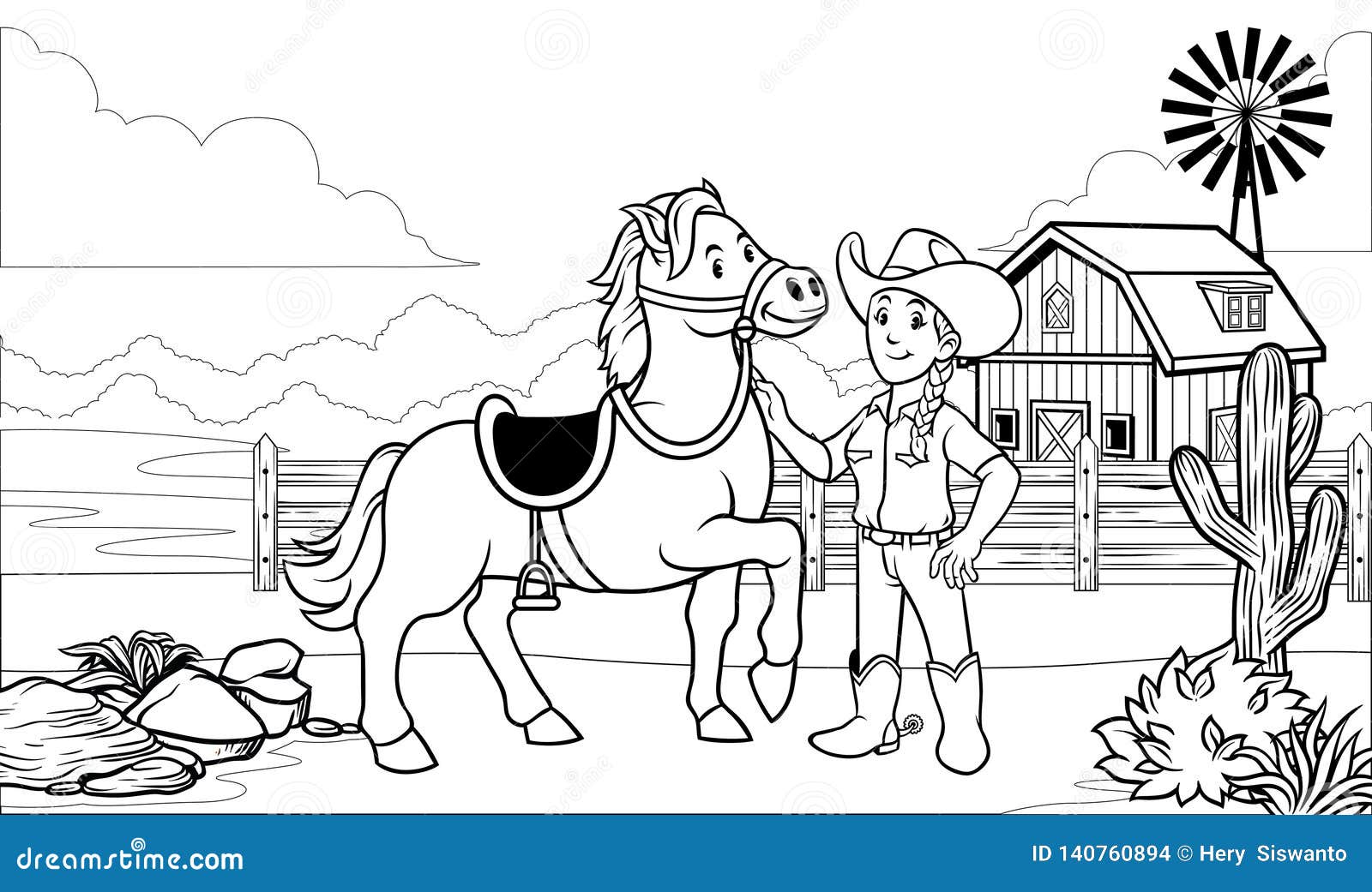 Black and white coloring page happy cowgirl with her horse stock vector