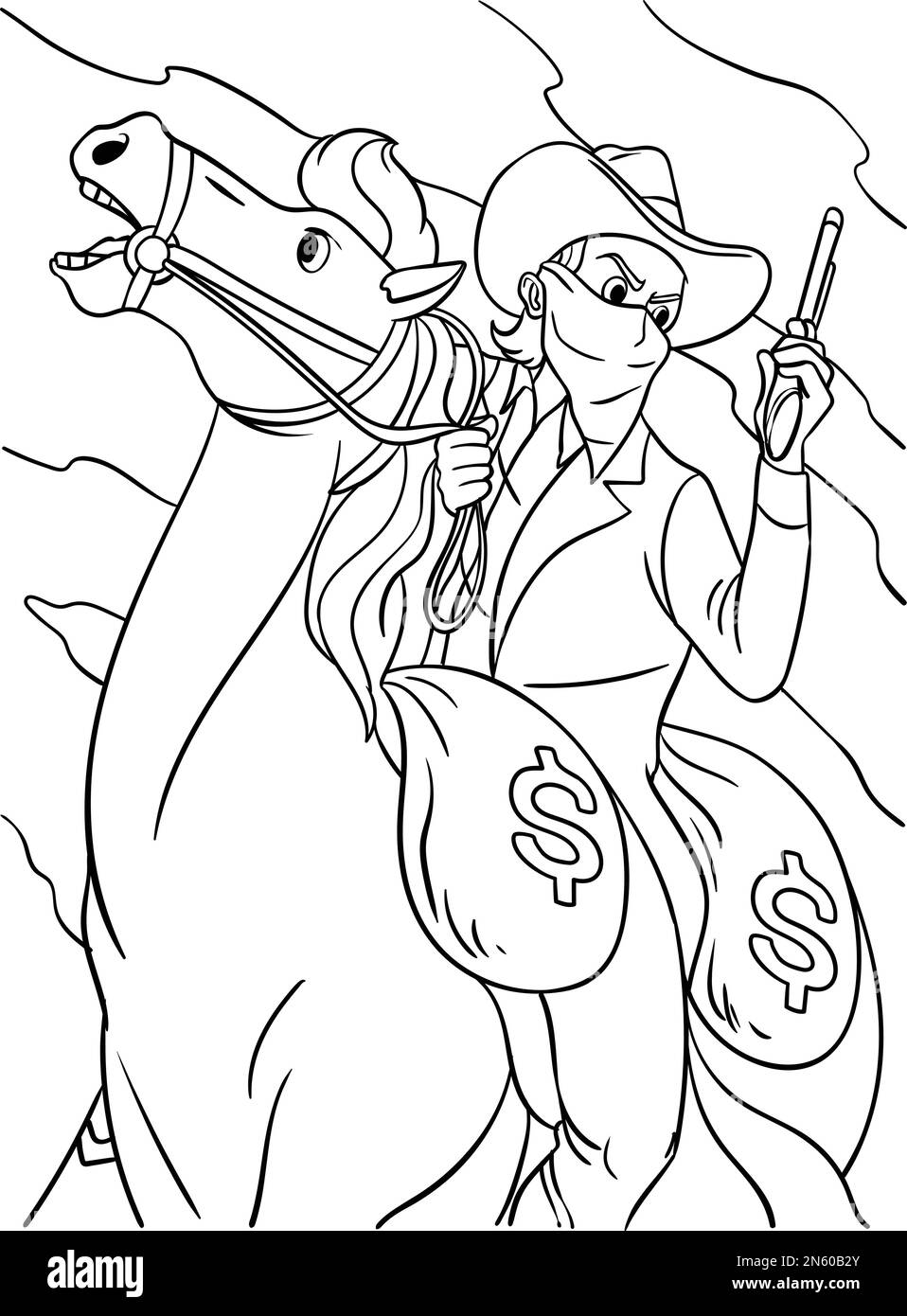 Cowboy horse riding with a gun coloring page stock vector image art
