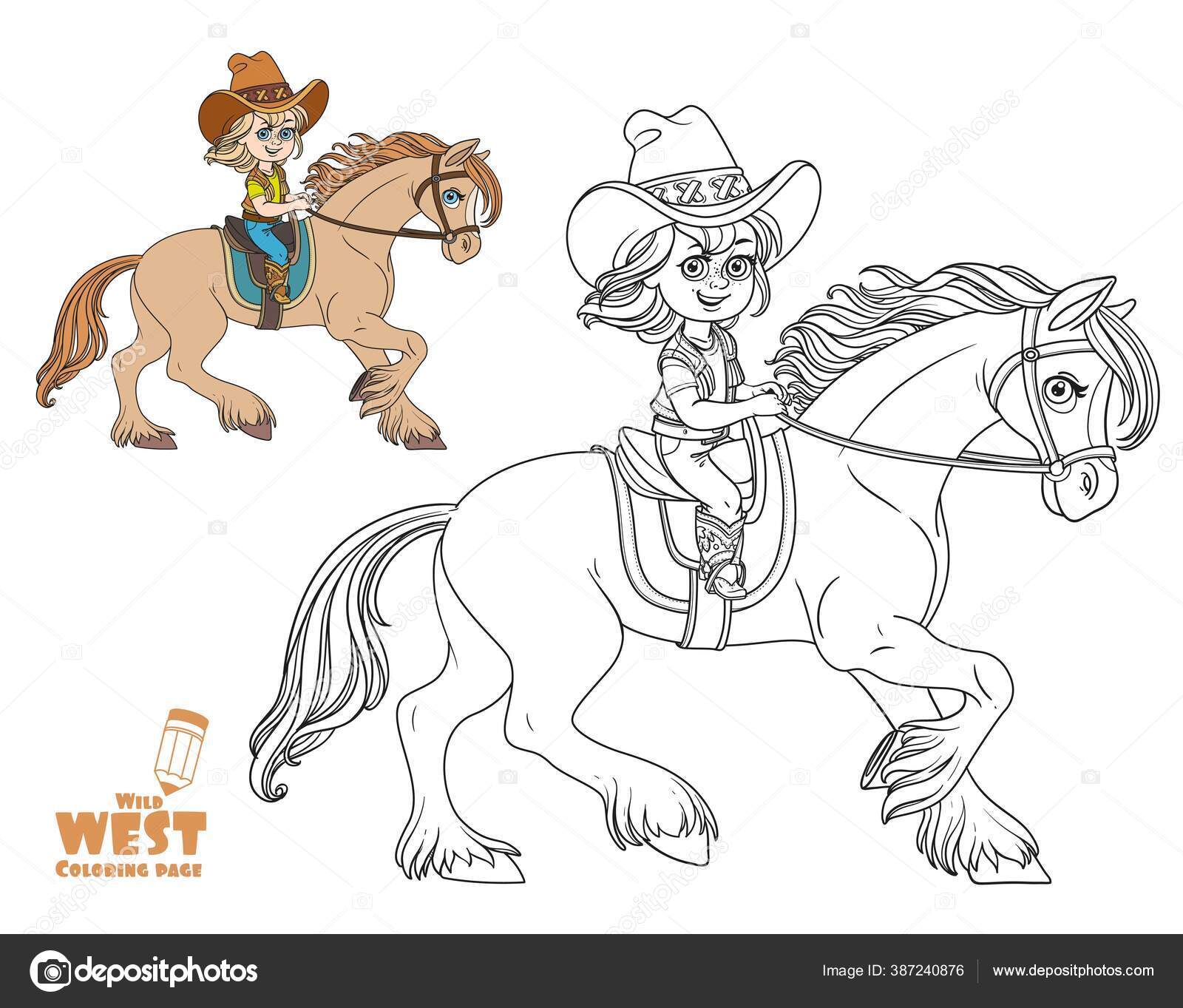 Cute little girl cowboy suit riding horse coloring page white stock vector by yadviga