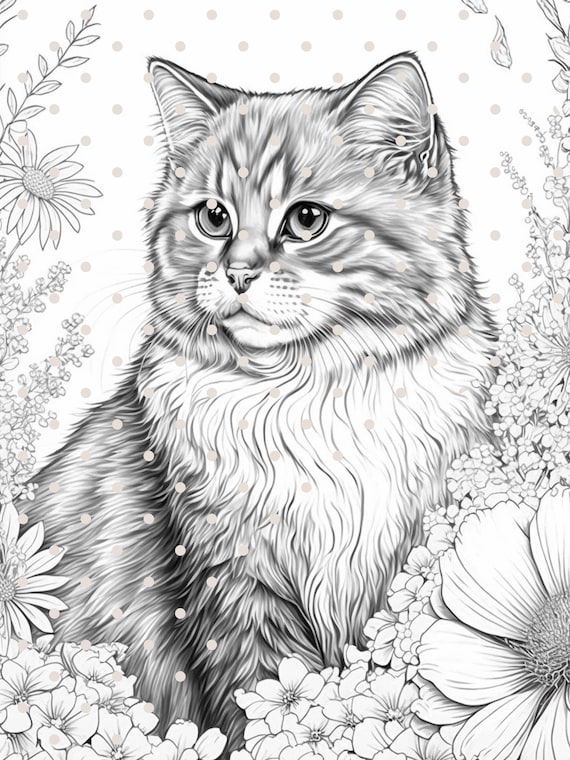 Fantasy style cats and kittens printable pdf grayscale coloring pages instant download grayscale coloring pages for kids and adults