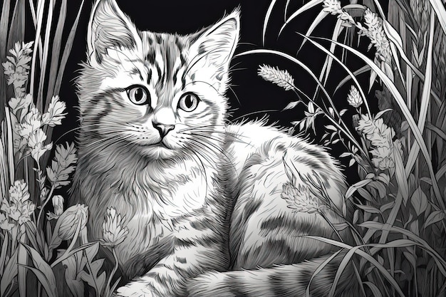 Premium photo a coloring page of a cute kitten an illustration for children to learn to draw generative ai