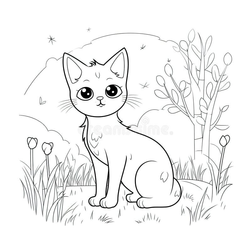 Kids coloring page of a cat on the grass that is blank and downloadable for them to plete stock illustration