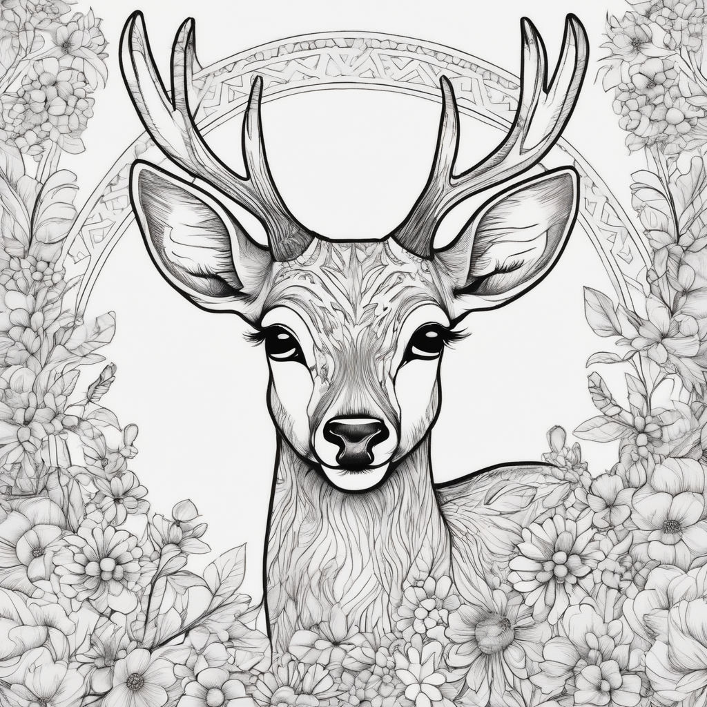 Black ink drawing of boundless daybreak of a deer in jungle