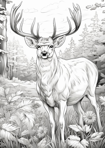 Premium ai image coloring pages of a deer in the woods with flowers generative ai
