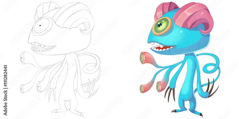 Coloring book and monster creature character design set double horn sheep demon monster isolated on white backgroundrealistic fantastic cartoon style character design story card sticker design illustration