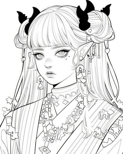 Premium ai image anime coloring page black and white line art of popular asian female character from manga scene