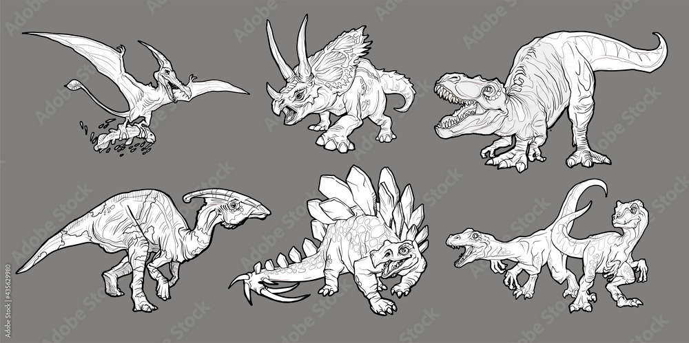 Cartoon dinosaurs set realistic dinosaurs collection colored predators and herbivores coloring page hand drawn illustration vector illustration isolated on gray background vector