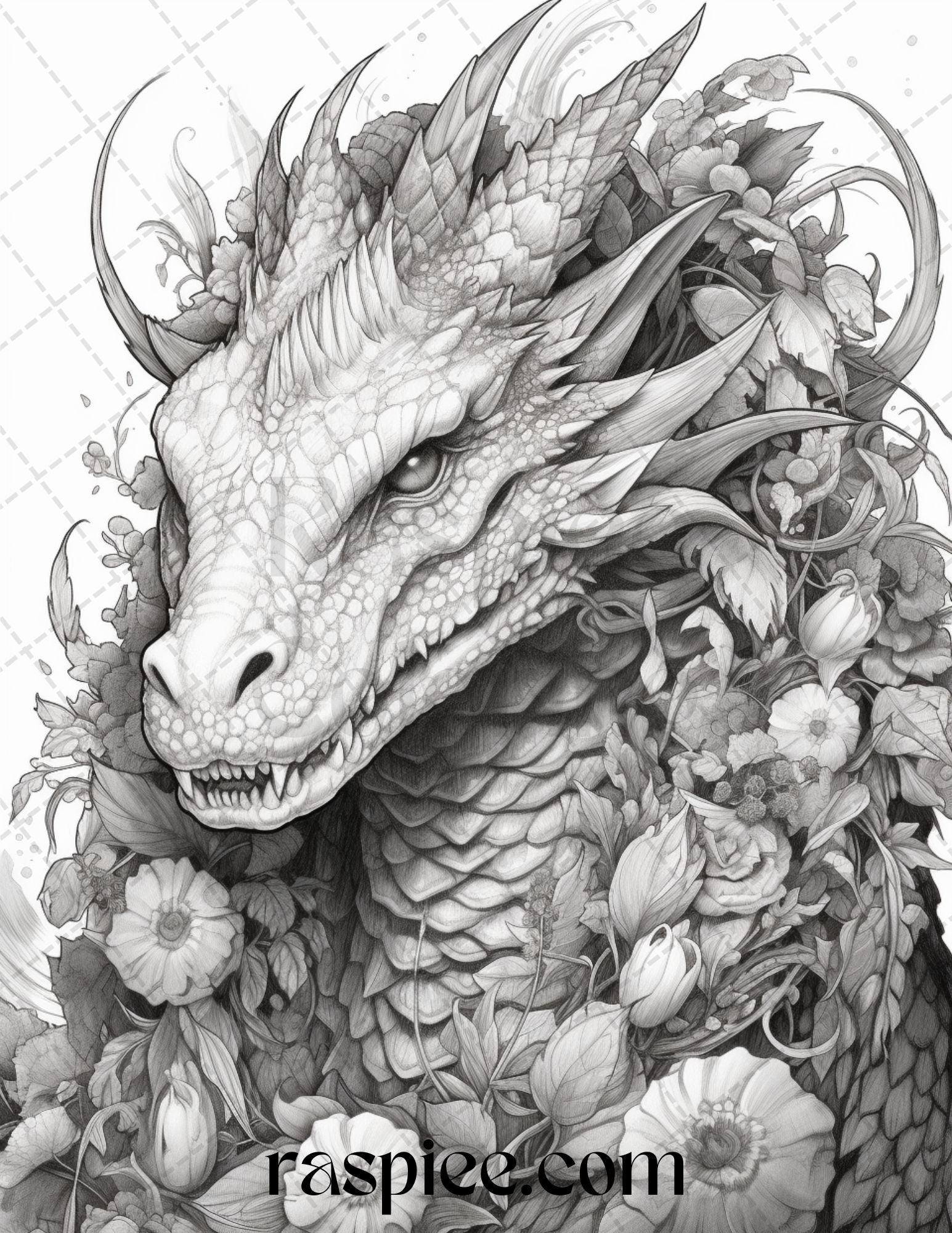 Flower dragon grayscale coloring pages printable for adults pdf fi â coloring