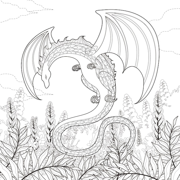 Premium vector mystery dragon coloring page in exquisite style
