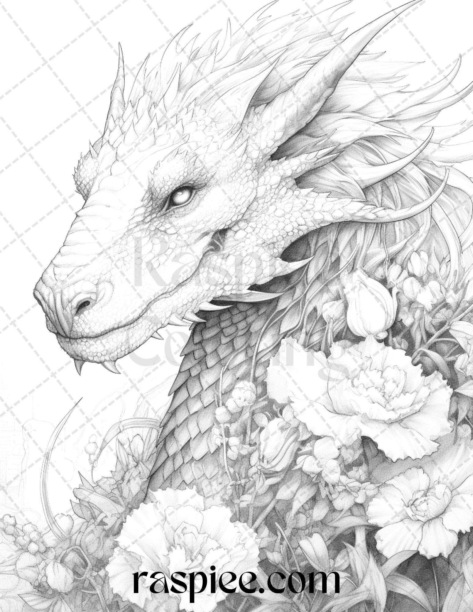 Flower dragon grayscale coloring pages printable for adults pdf fi â coloring