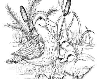 Adult coloring page duck with baby chicks digital download instant download