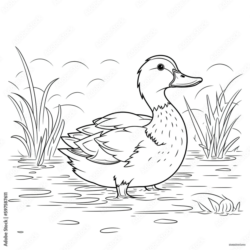 Kids coloring page of a duck on the pond that is blank and downloadable for them to plete hand drawn duck outline illustration animal doodle outline realistic illustration creative ai illustration
