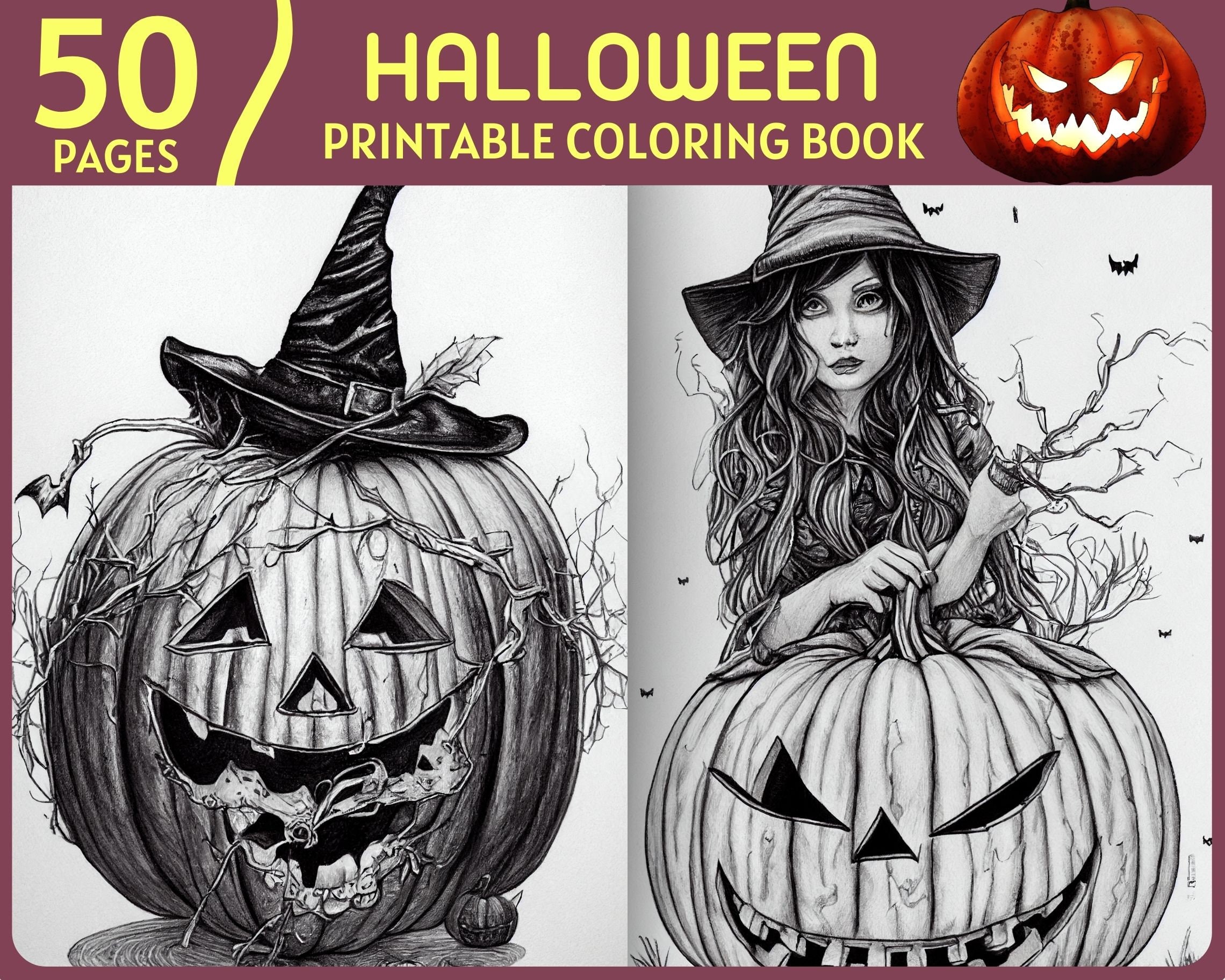 Halloween coloring pages pumpkins and witches realistic illustrations printable halloween coloring book halloween day theme activity