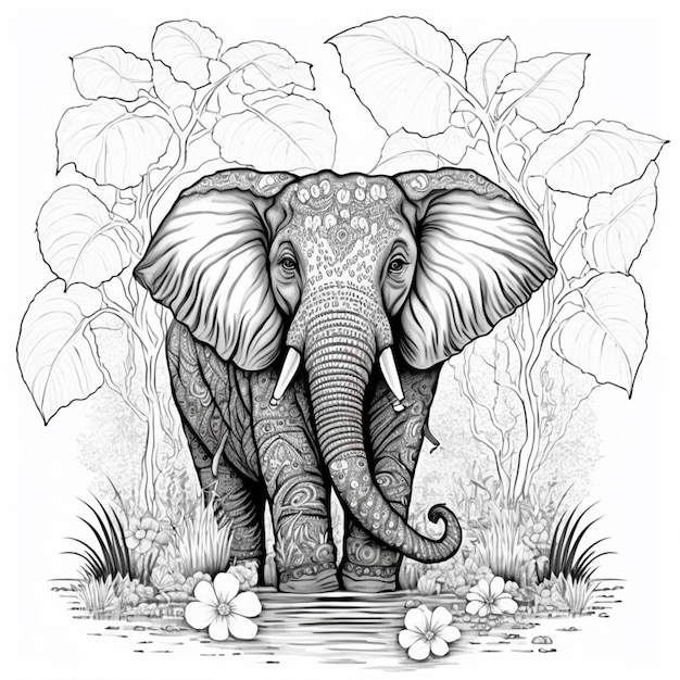 Premium photo elephant coloring page black and white for coloring book