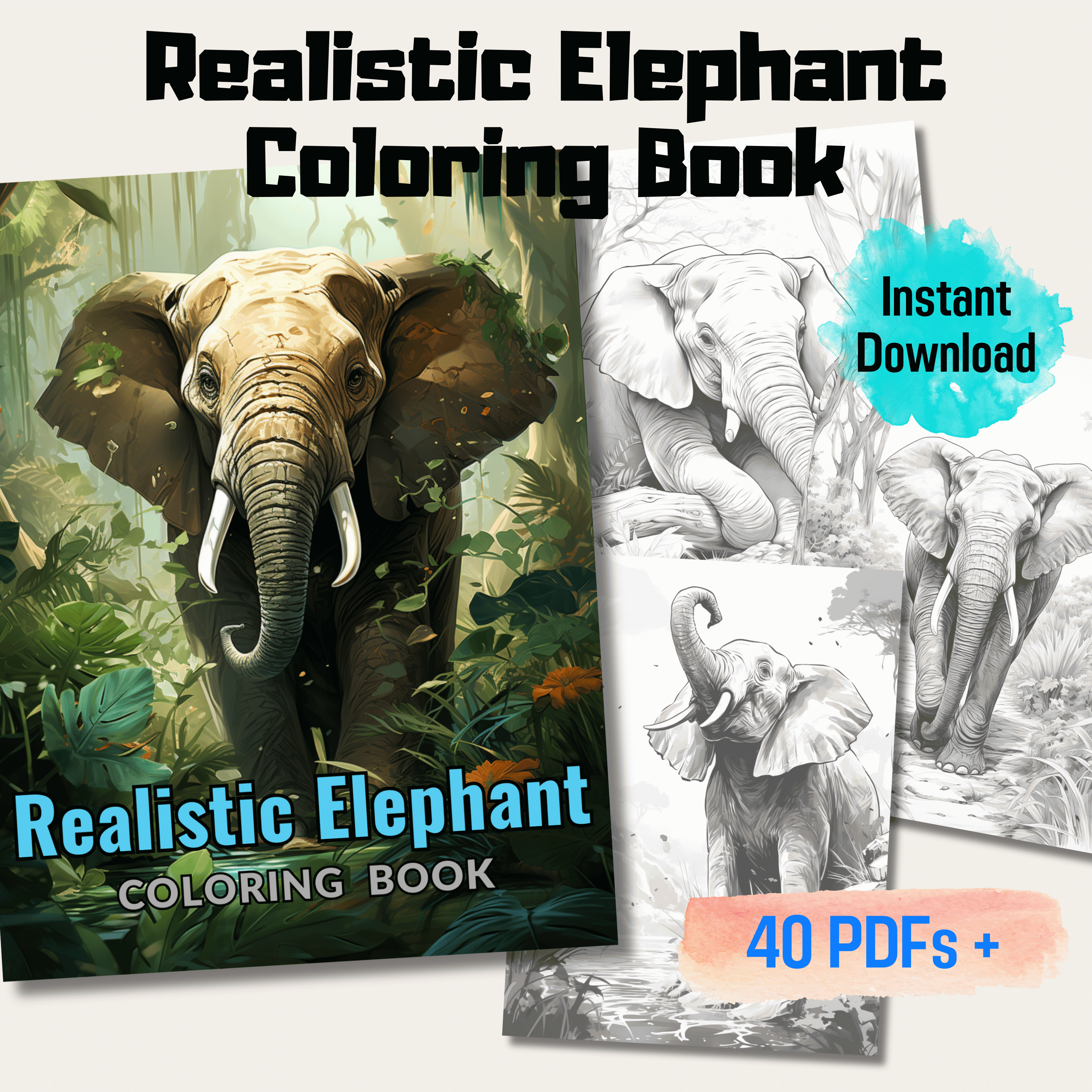Pages realistic elephant grayscale coloring book instant download â funny print for you