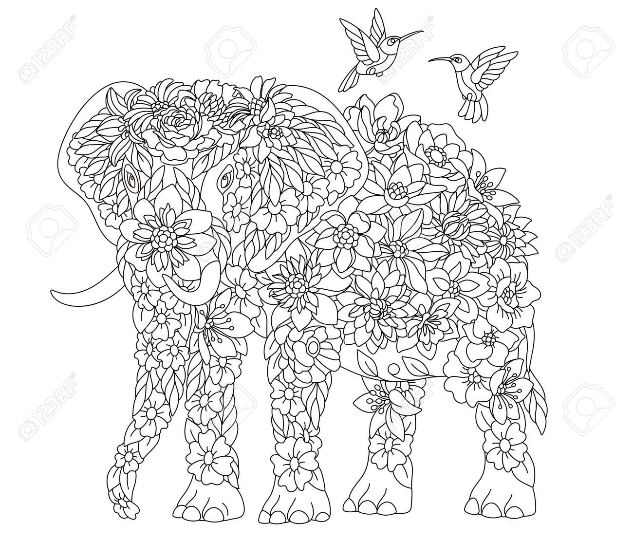 Floral adult coloring book page fairytale elephant ethereal animal consisting of flowers leaves and birds royalty free svg cliparts vectors and stock illustration image
