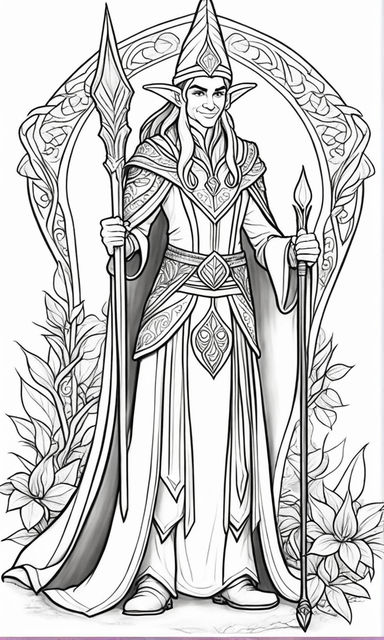 Black and white outline drawing in the style of a coloring in book closeup a lovely embellished elf beautiful body