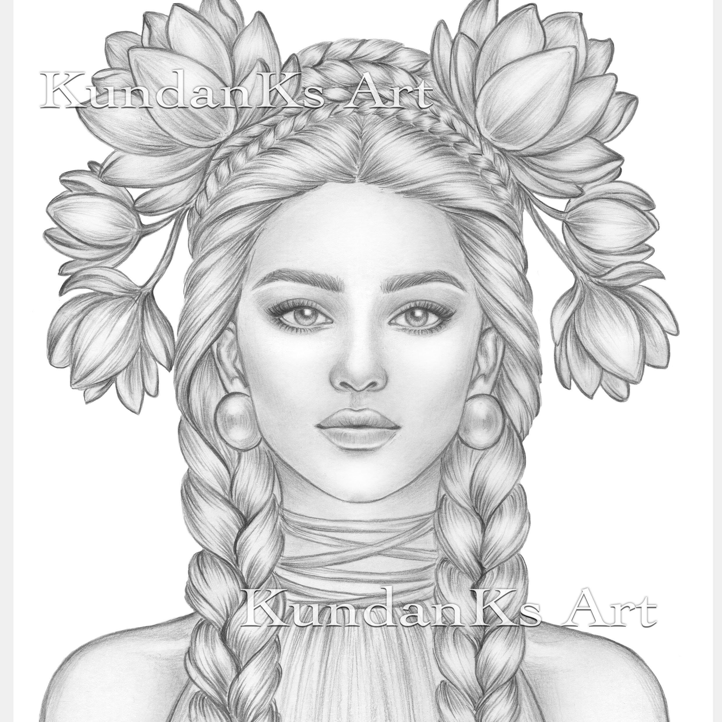 Lotus adult coloring page portrait coloring grayscale coloring instant download aa printable kundanks art
