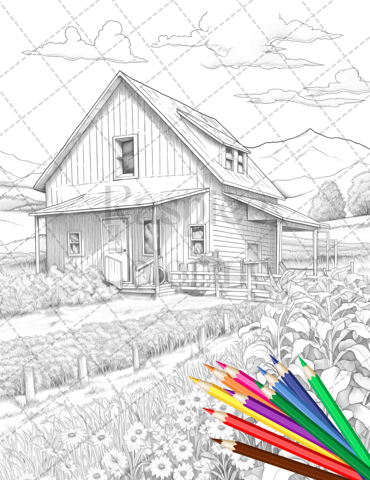 Charming farmhouse scenery grayscale coloring pages printable for adul â coloring