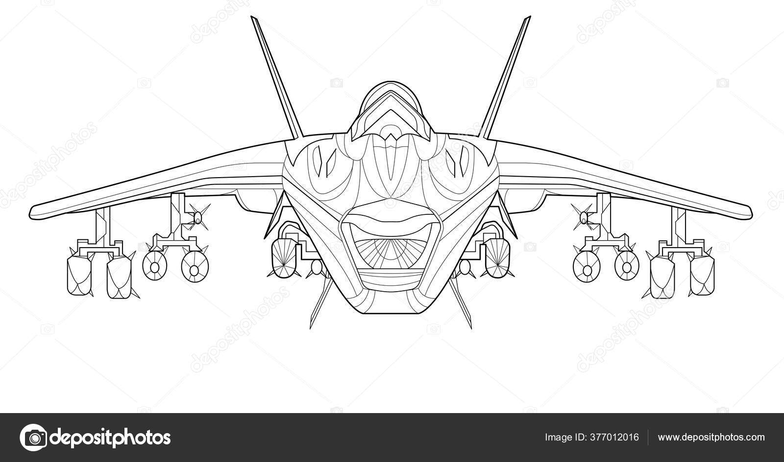 Military jet coloring page book drawing airplane war plane aircraft stock vector by alweeceed