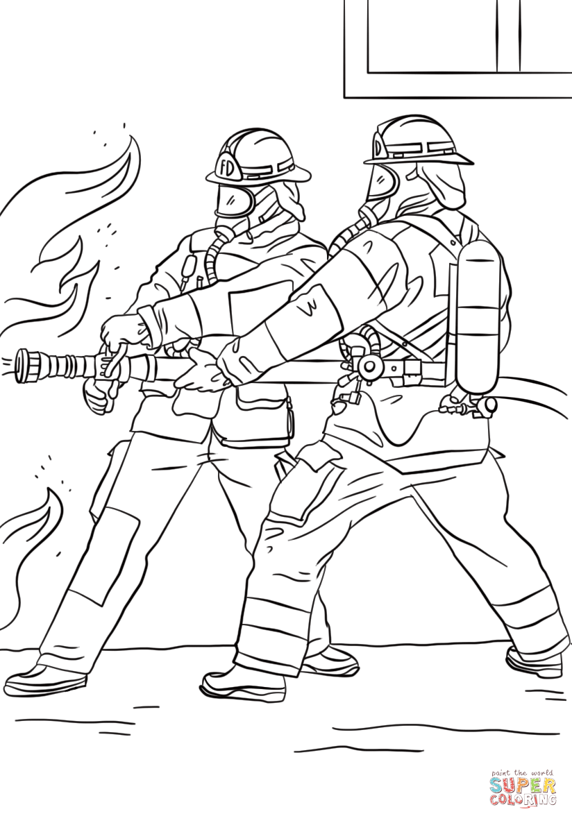 Firefighters spraying water super coloring firefighter drawing coloring pages firefighter