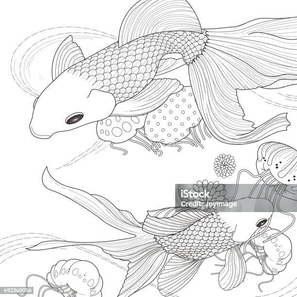 Adorable golden fish coloring page stock illustration