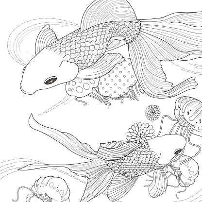 Adorable golden fish coloring page stock illustration