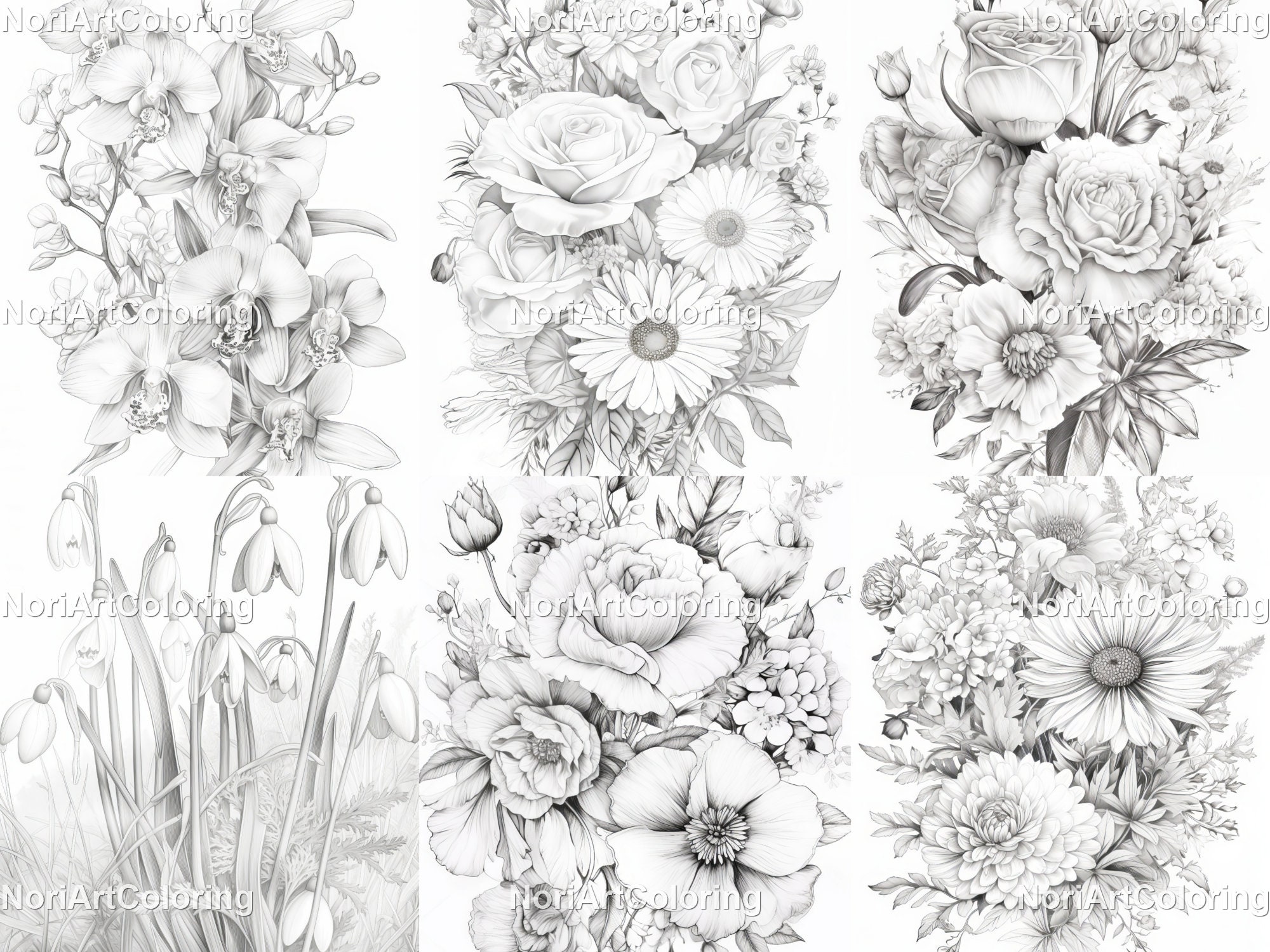 Realistic flowers coloring pages printable adult coloring pages download grayscale illustration