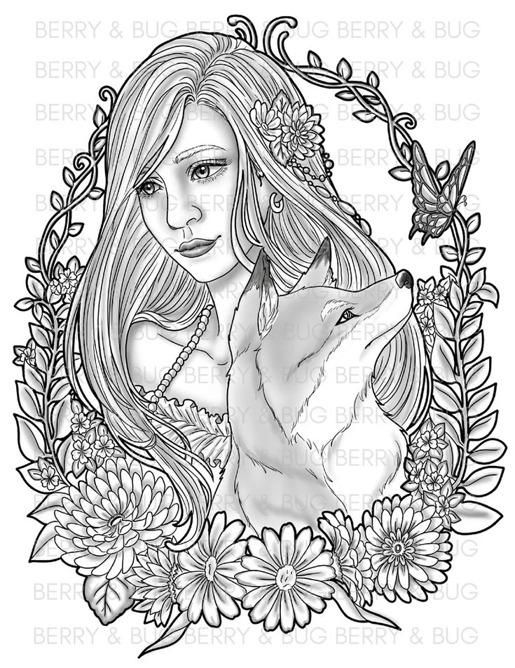 Wildwood friend of the fox coloring page printable adult coloring page pdf fox woman forest portrait realistic detailed