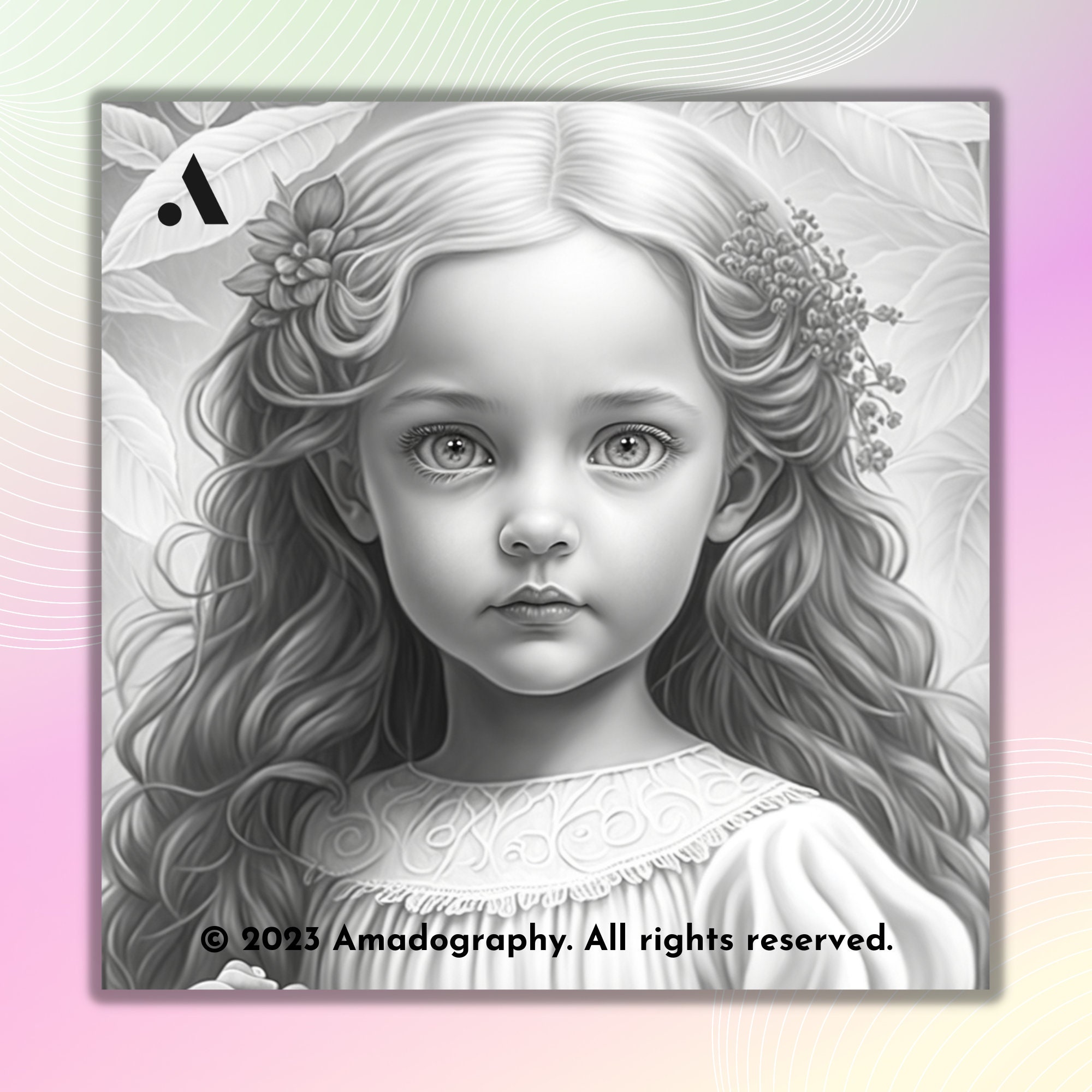Pretty realistic child girls wall art coloring page printable adult coloring pages book download light dark greyscale illustration