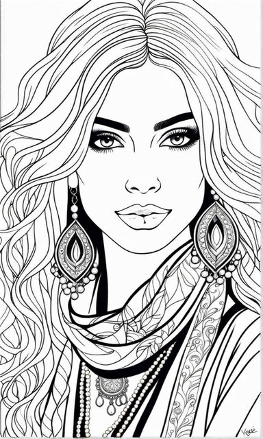 Realistic young women coloring book outline style no color