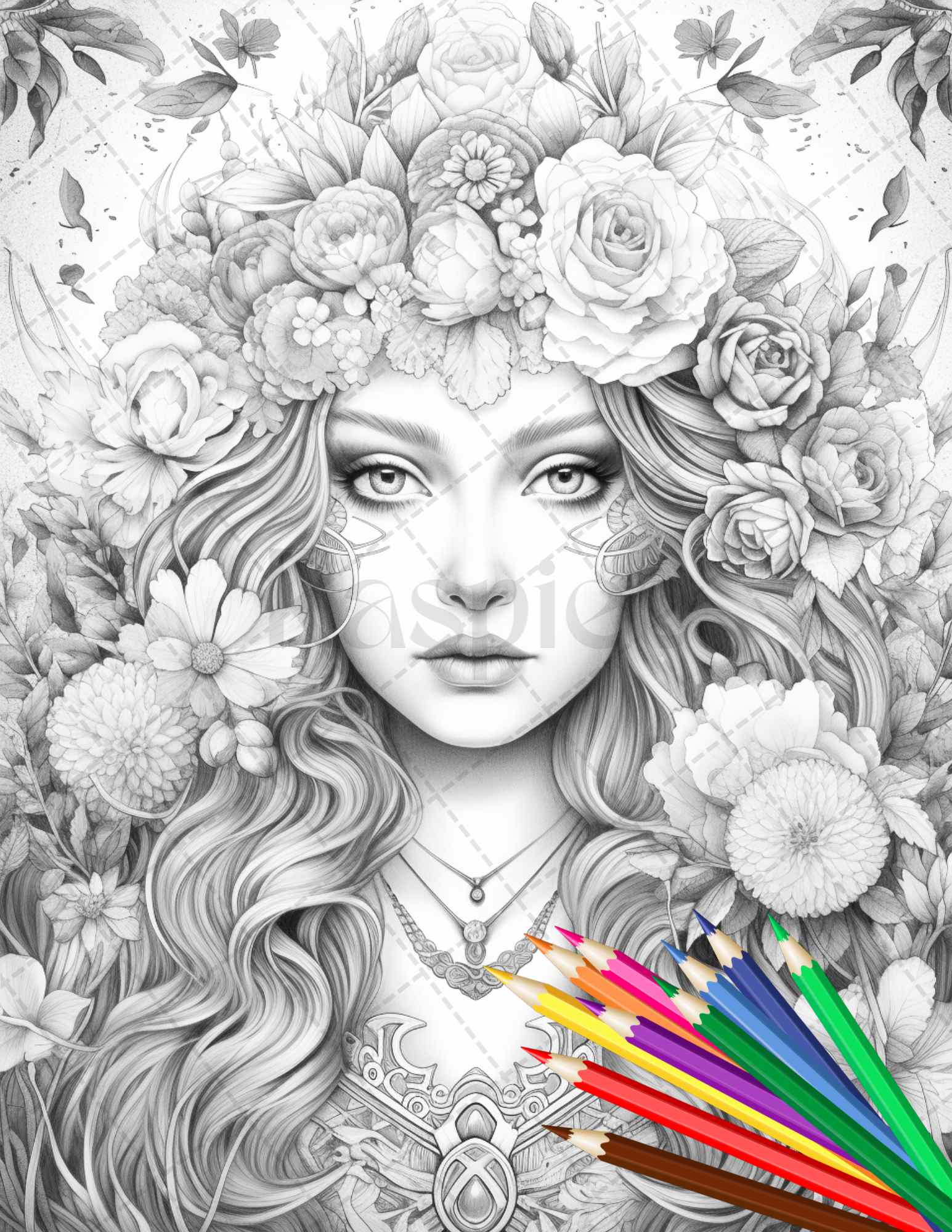 Flower goddess coloring pages printable for adults grayscale color â coloring