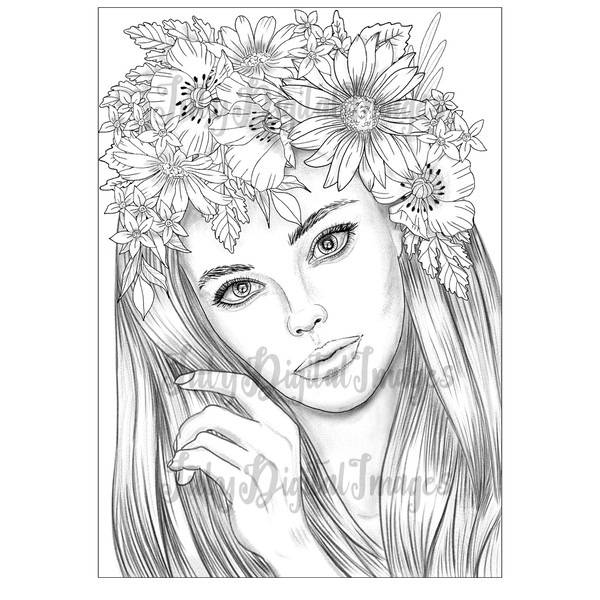 Coloring page with grayscale portrait of beautiful woman wit