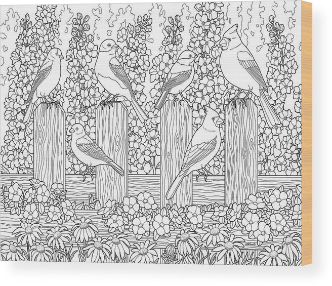 Birds in flower garden coloring page wood print by crista forest