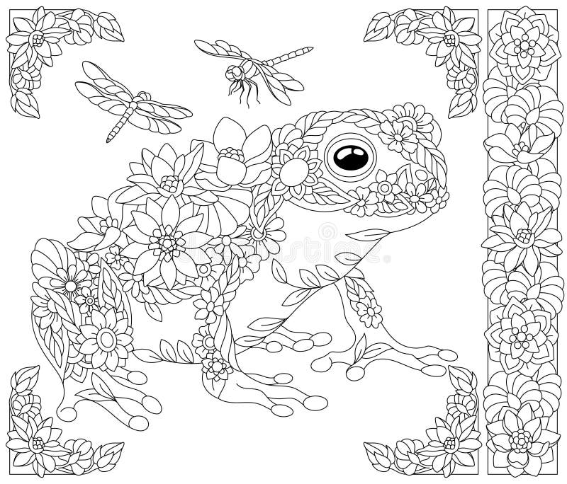 Floral frog coloring book page stock vector