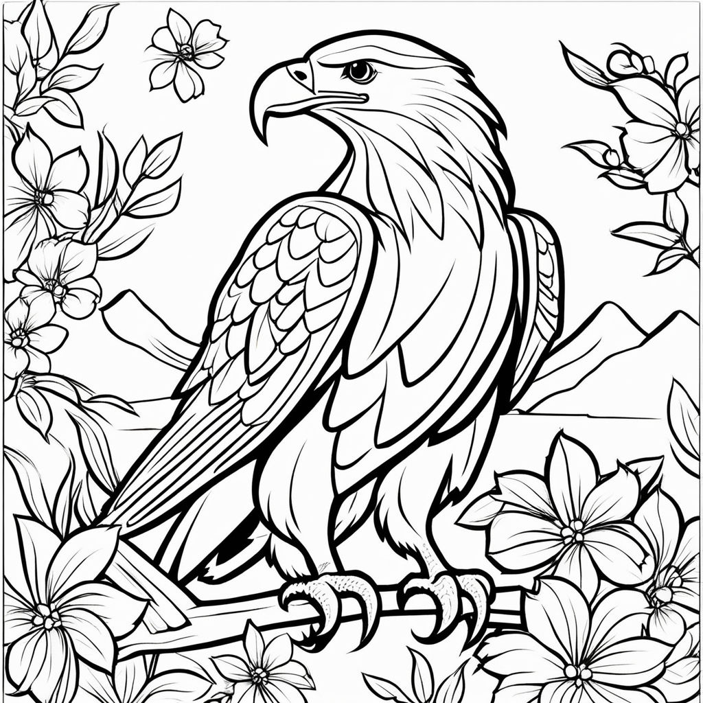 D outline simple monochromatic childrens coloring book page featuring an eagle