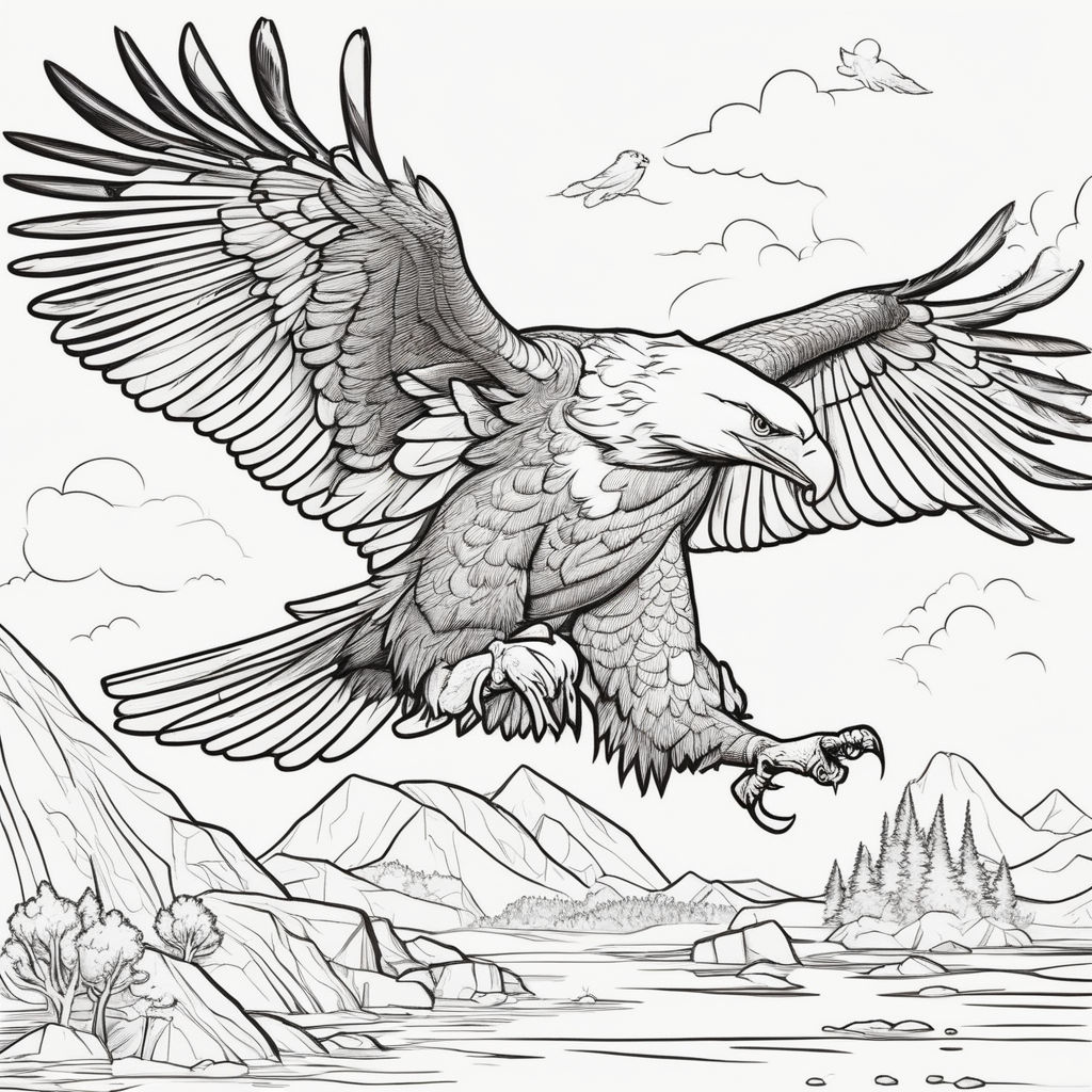 A full frontal coloring page for kids of a eagle