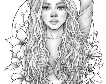Printable coloring page fantasy character black girl portrait