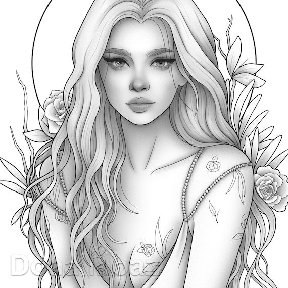 Printable coloring page fantasy character girl floral portrait