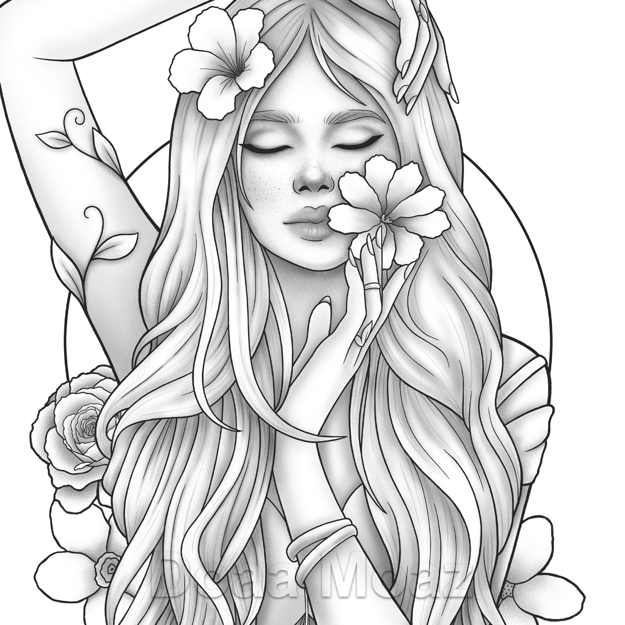 Printable coloring page fantasy character girl floral portrait