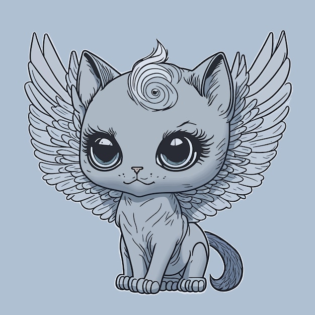 Premium vector realistic black simple outline chibi cartoon style drawing of a cherub cat normal anatomy white ba