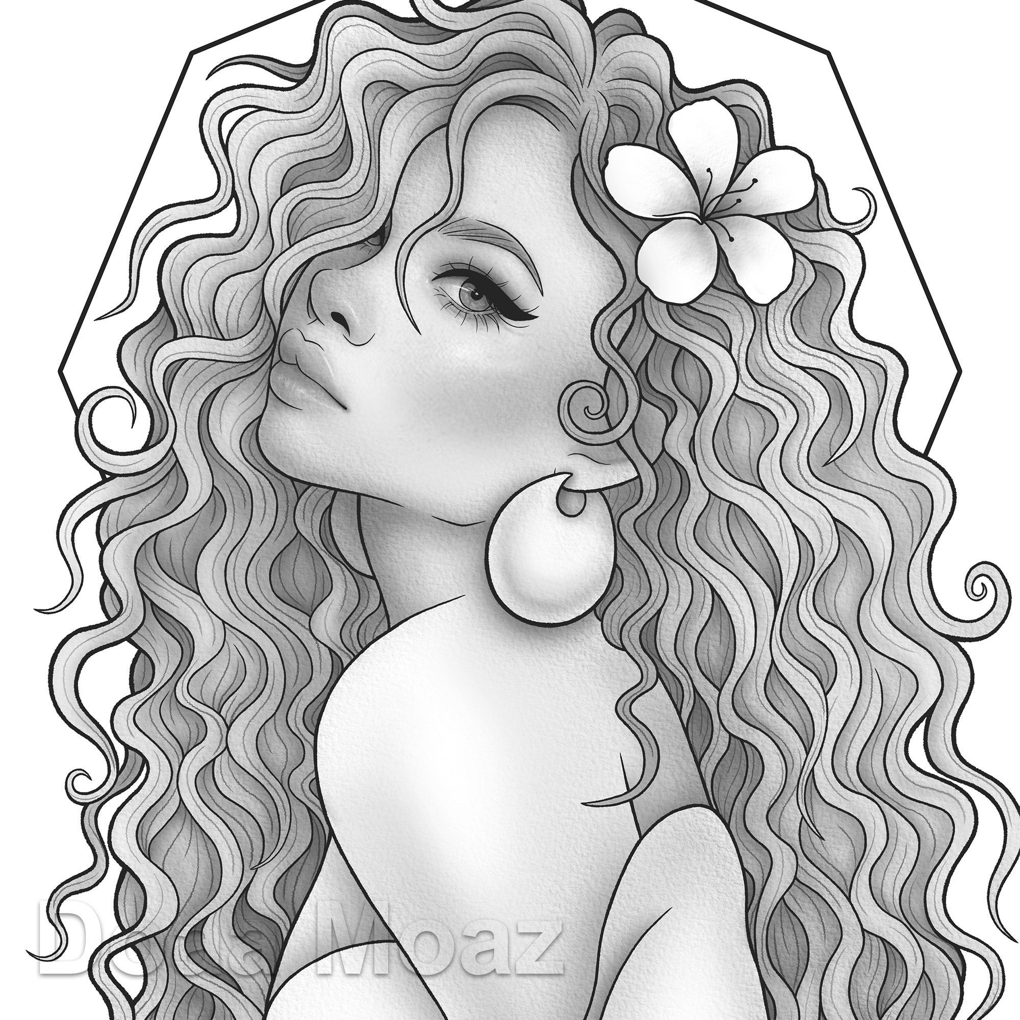 Printable coloring page fantasy character black girl portrait